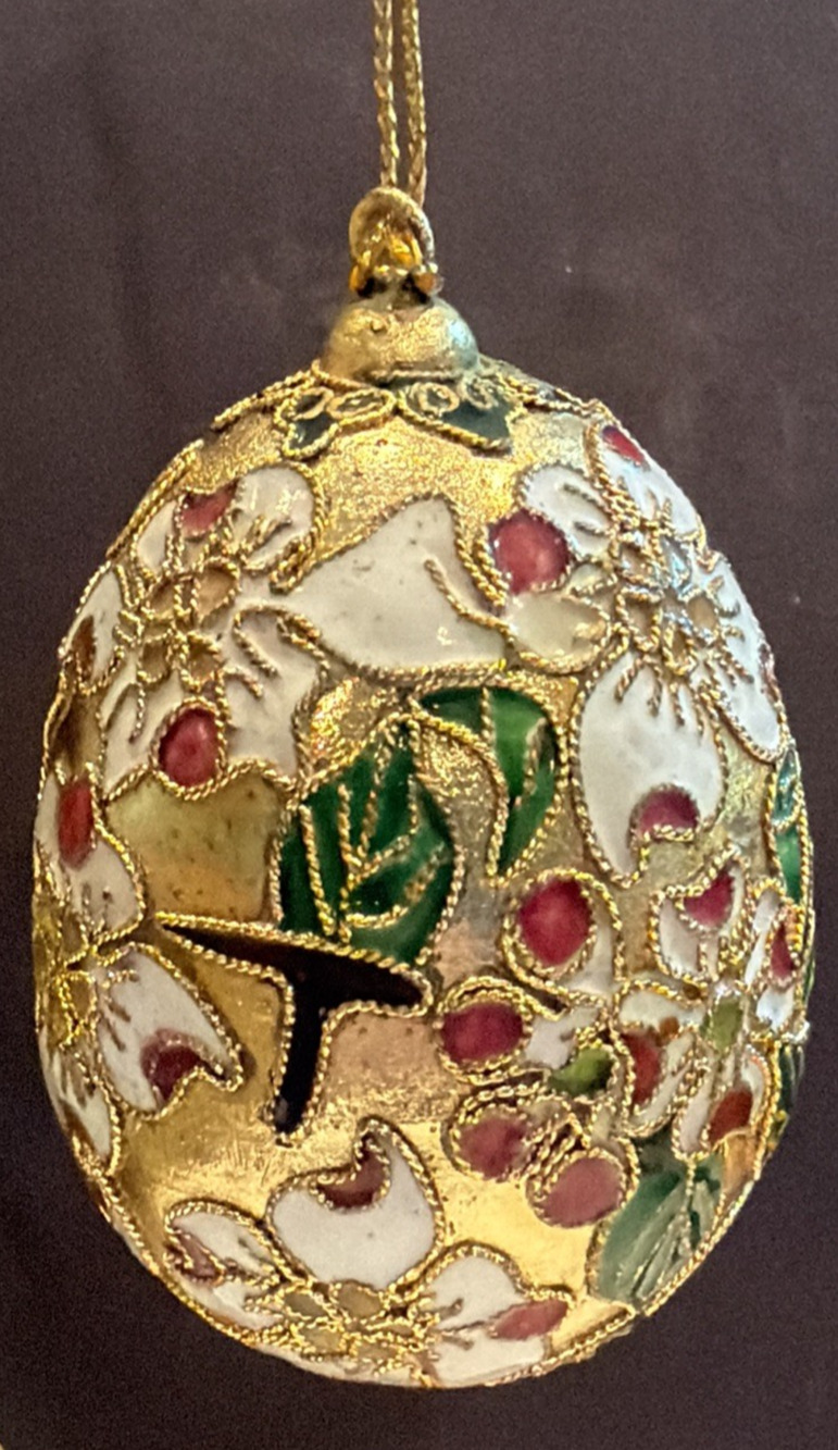 Vintage Enamel Cloisonné Egg Ornament Floral White Gold As Is